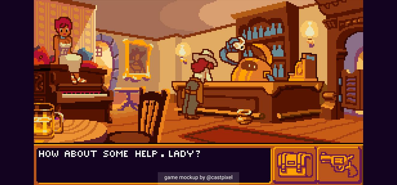 Pixel art game mockup by artist @castpixel, depicting a warm-toned saloon interior. A woman in elegant attire sits atop a piano on the left, while a cowboy-dressed woman leans on the bar counter, speaking to a large, round robot bartender. The scene features classic Western décor, complete with wooden furniture and shelves filled withincludes classic Western décor with wooden furniture and shelves of bottles. A dialogue box at the bottom reads ‘How about some help, lady?’, along with UI icons showing a bag 