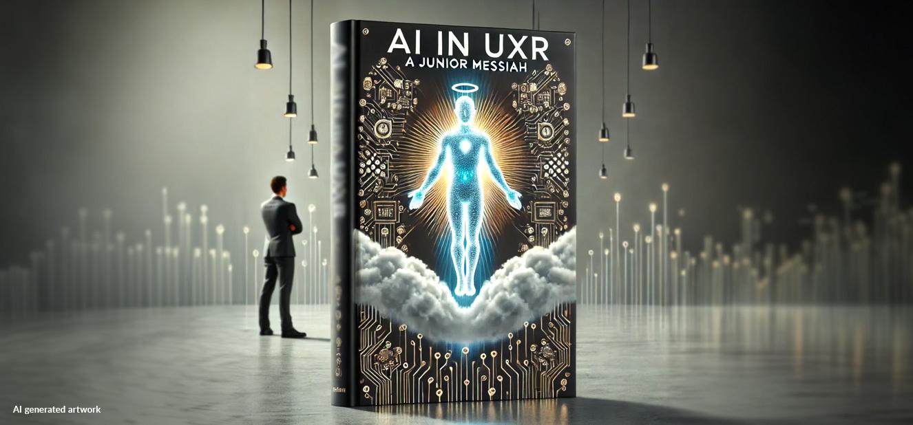 AI-generated image depicting a book cover for the title of the following article "AI in UXR: A Junior Messiah." The cover shows a glowing AI figure like a Messiah, with circuit boards and binary code. A person stands next to the book, looking skeptical.