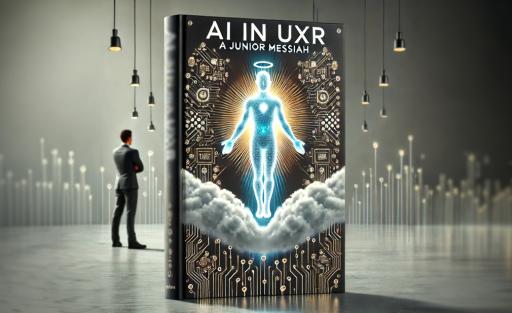 AI-generated image depicting a book cover for the title of the following article "AI in UXR: A Junior Messiah." The cover shows a glowing AI figure like a Messiah, with circuit boards and binary code. A person stands next to the book, looking skeptical.